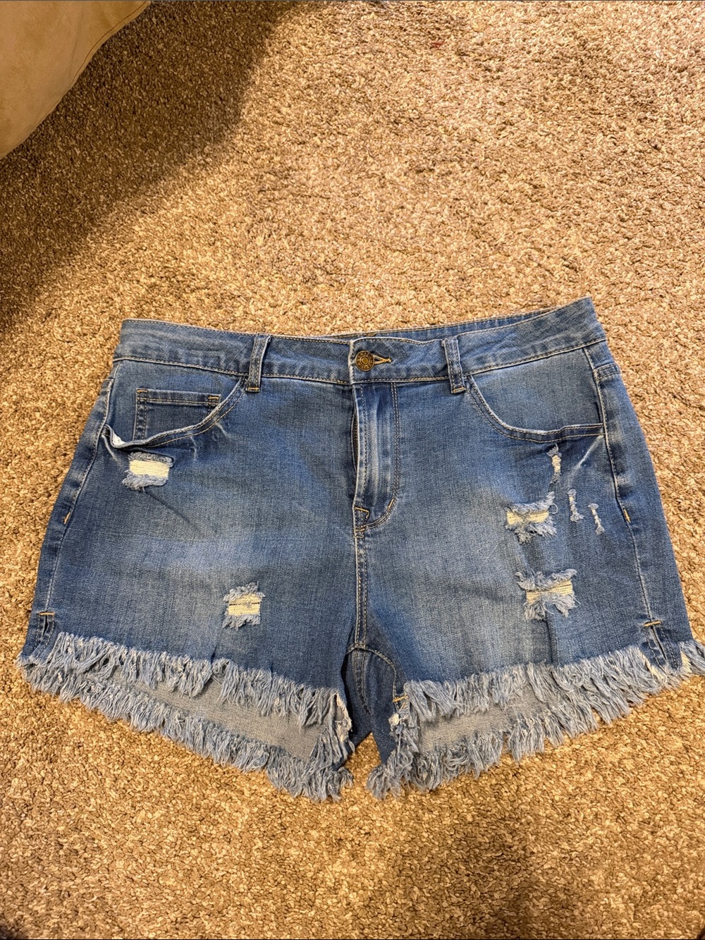 Distressed Fringe Hem Denim Shorts - Blue